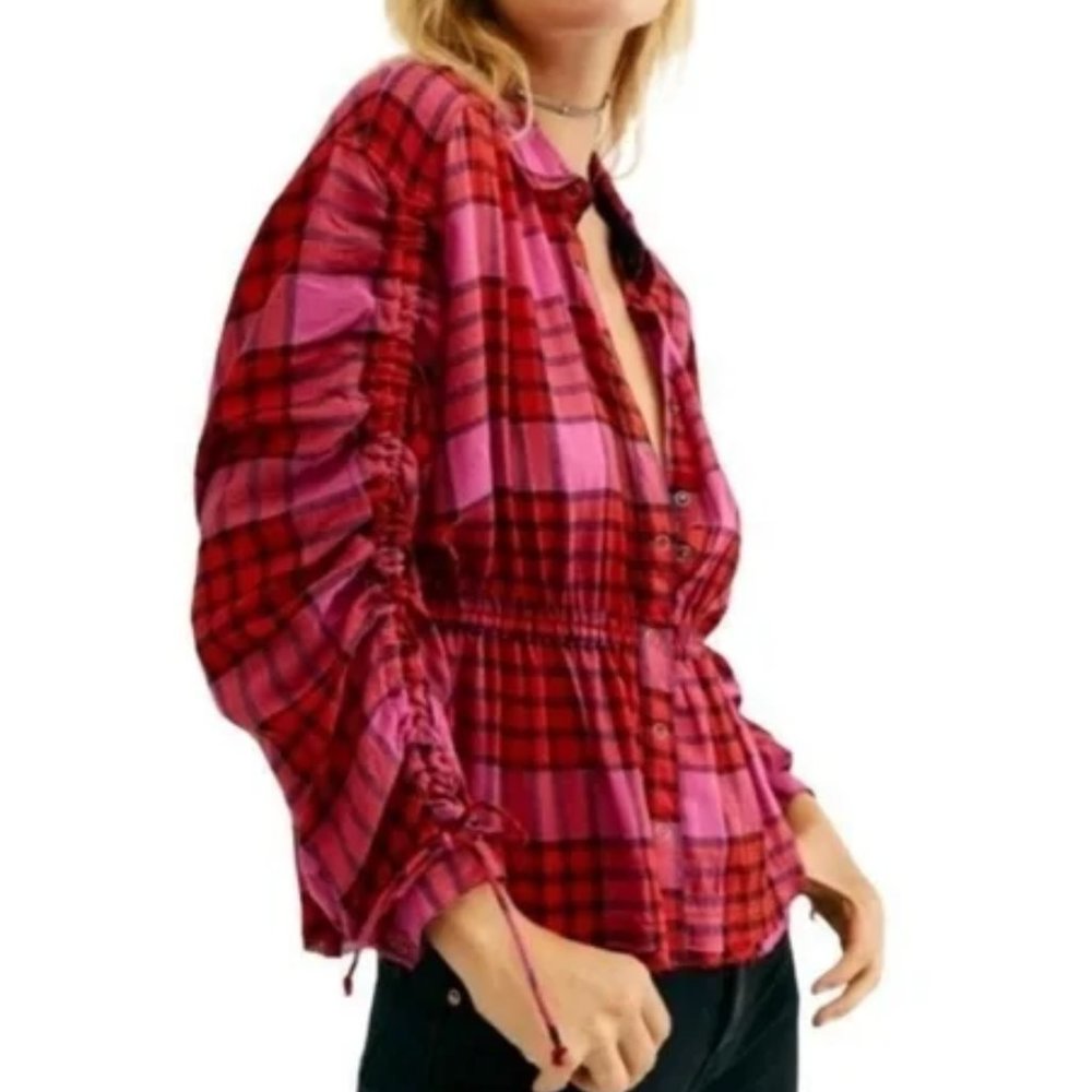 NWT Free People We the Free Pacific Dawn Red Combo Plaid Shirt Top S